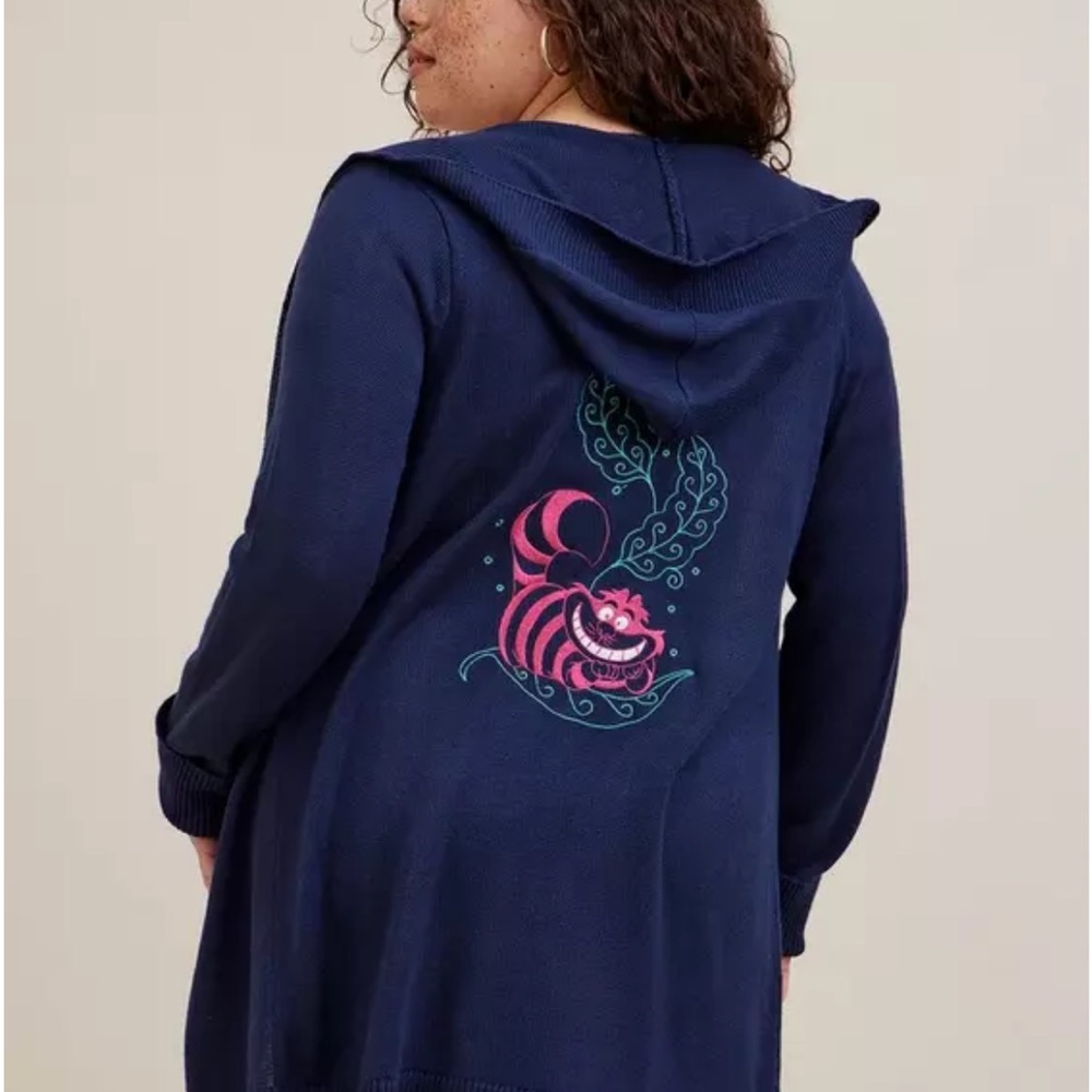 Navy Hooded Cardigan with Cheshire Cat Design